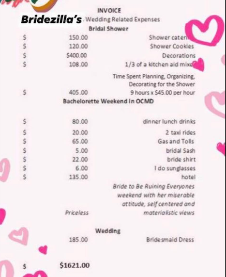 bridesmaid invoice