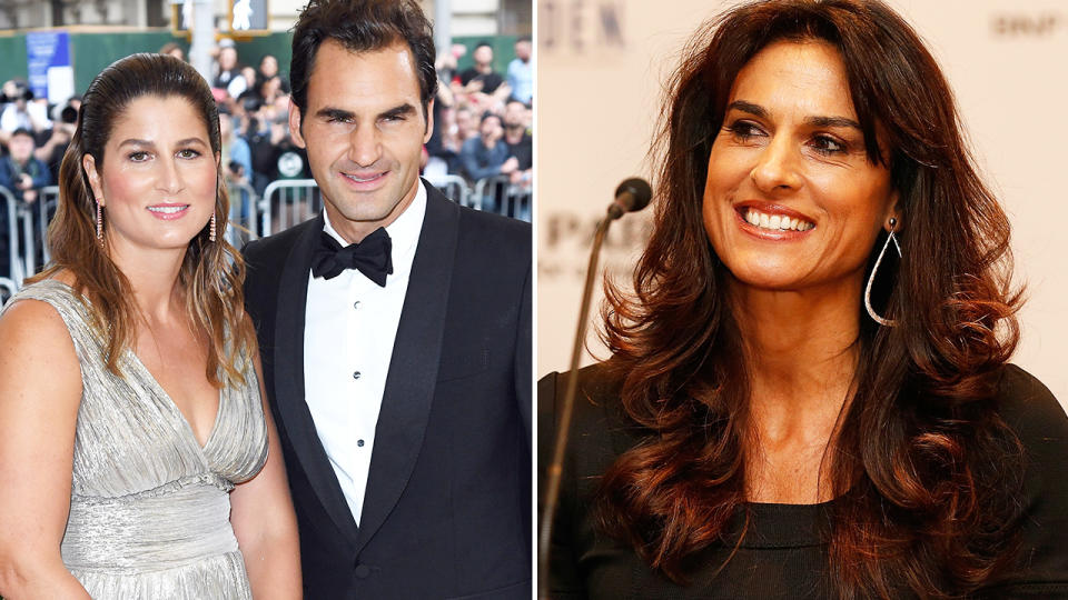 Gabriela Sabatini, pictured here discussing Roger and Mirka Federer.