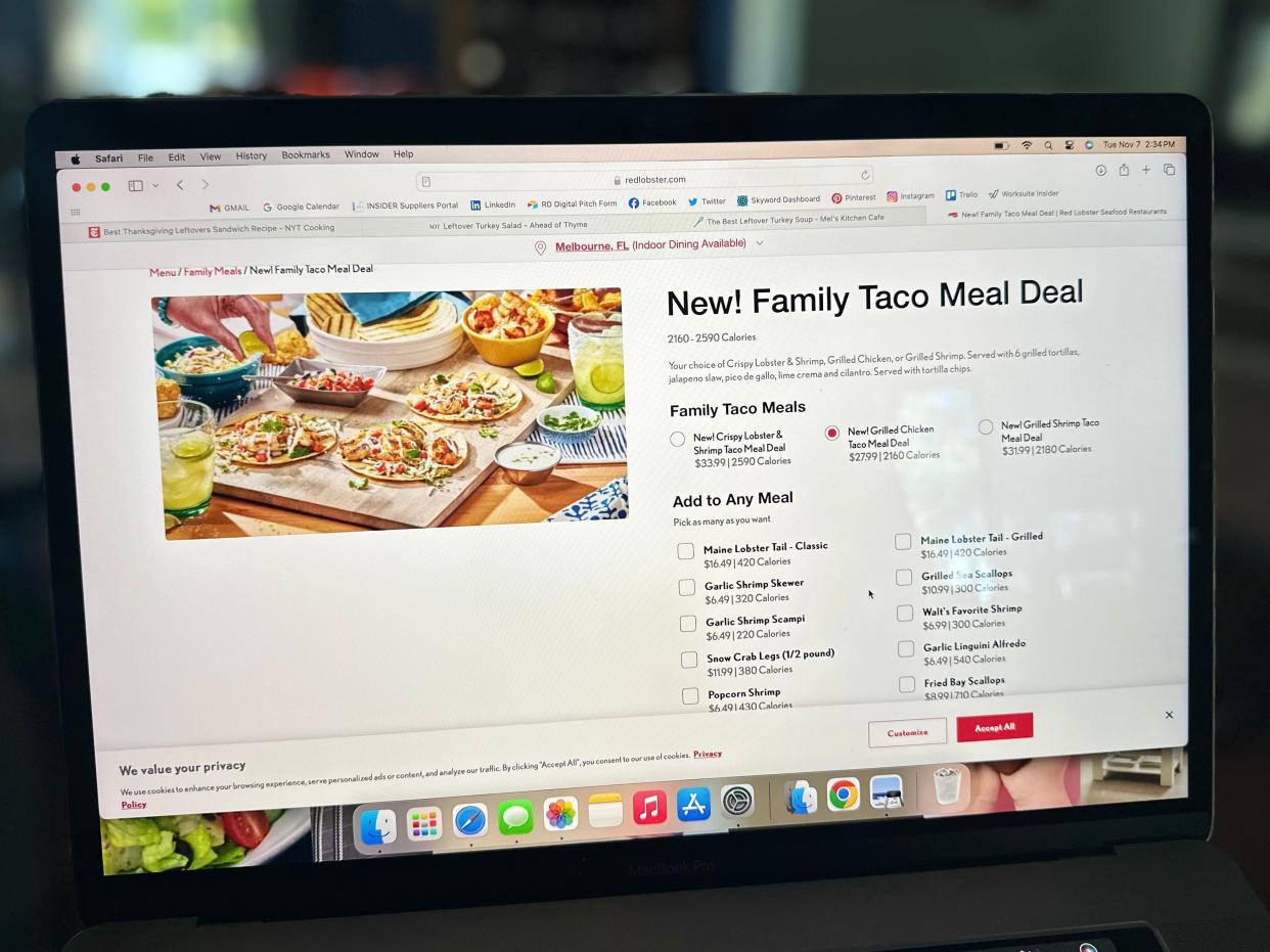 Family Taco Meal Deal on Red Lobster Website on Laptop screen