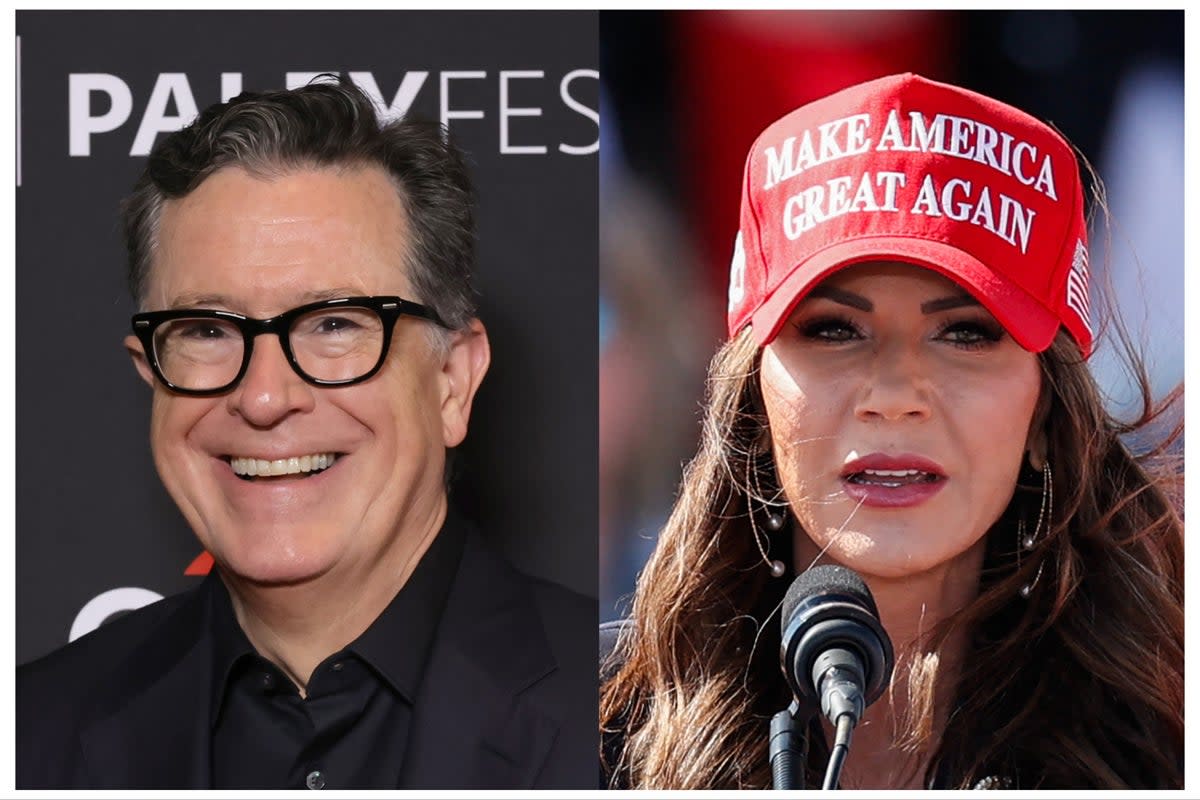 Stephen Colbert (left) and Governor Kristi Noem (Getty)