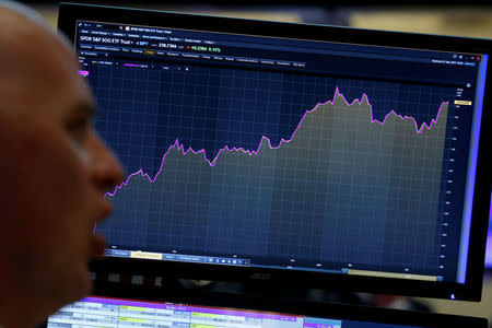 A trader looks at a screen that charts the S&P 500 on the floor of the New York Stock Exchange (NYSE) in New York, U.S., April 27, 2017. REUTERS/Brendan McDermid