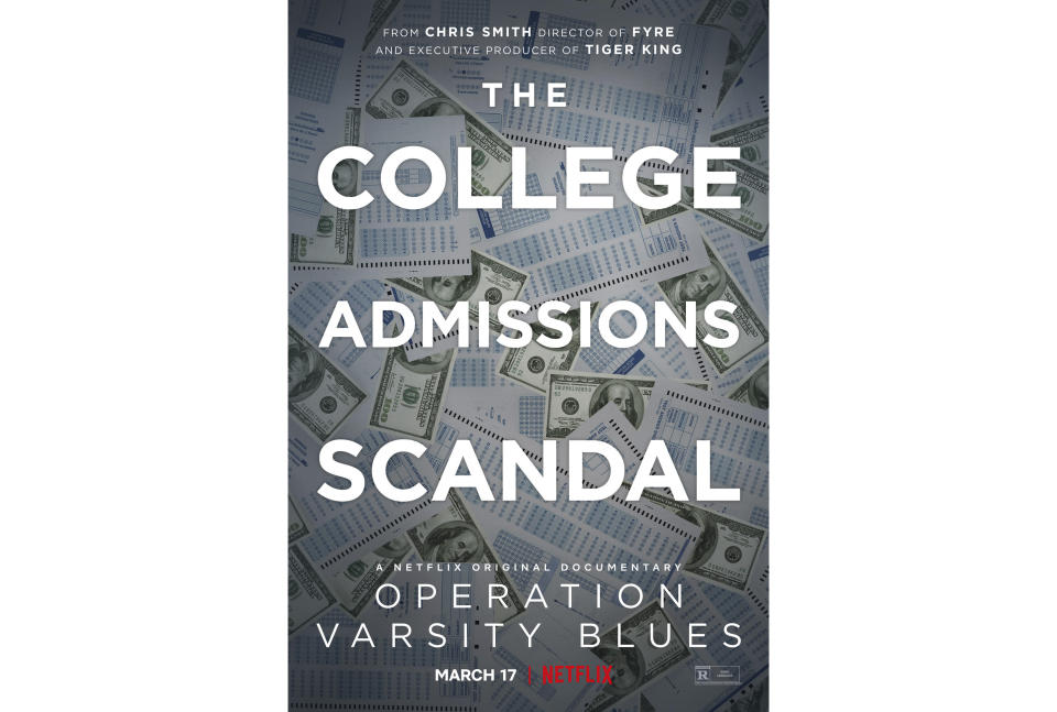En esta imagen difundida por Netflix, el póster de "Operation Varsity Blues", un documental sobre el escándalo de sobornos a universidades estadounidenses que se estrena el 17 de marzo. (Netflix vía AP)