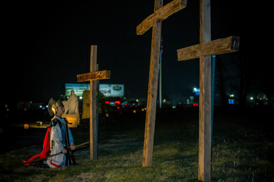 A Roman soldier stares at crosses part of the 24th annual drive-thru live nativity at the Coshocton Christian Tabernacle that was Friday and Saturday. Hundreds of people from around the state come through it every year.