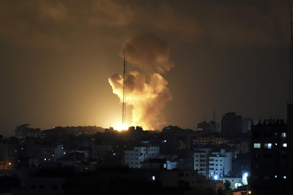 Smoke and fire rise from an explosion caused by an Israeli airstrike on Gaza City, late Tuesday, May 2, 2023. The Israeli military said it had started airstrikes on Gaza targets, in response to earlier rocket salvos from the coastal strip, run by the militant Hamas group. (AP Photo/Adel Hana)
