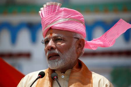 India's Prime Minister Narendra Modi speaks with the media during his visit at Janaki Mandir, a Hindu temple dedicated to goddess Sita, in Janakpur, Nepal May 11, 2018. REUTERS/Navesh Chitrakar