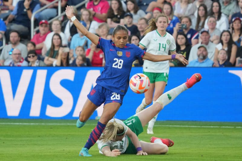 At age 18, Forward Alyssa Thompson (28) is the youngest player on the United States Women's National Team. File Photo by Bill Greenblatt/UPI