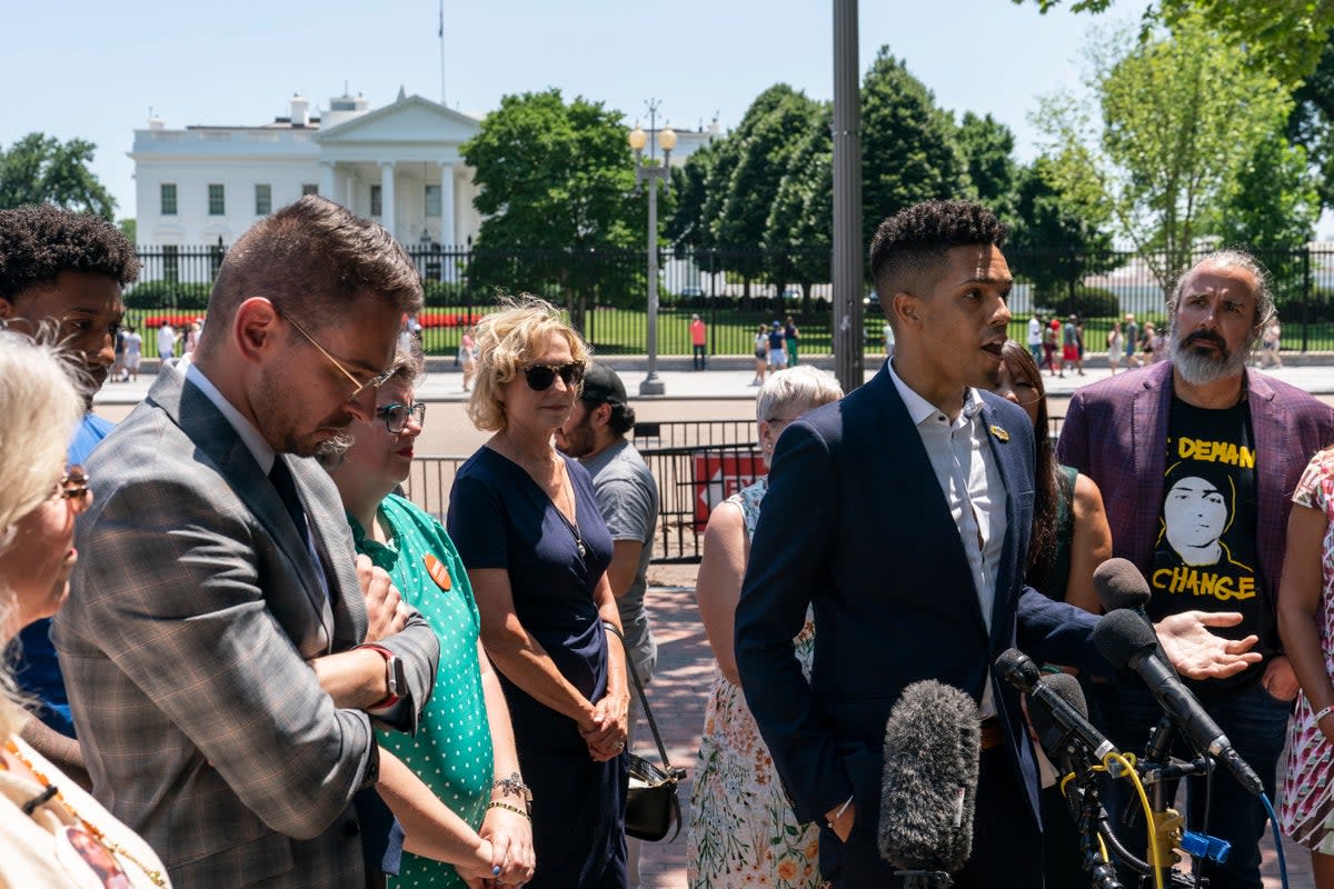 Brandon Wolf, a Pulse nightclub survivor, speaks outside the White House in July 2022 (AP)