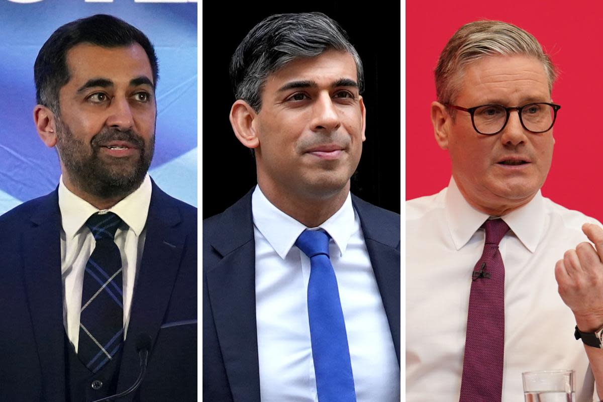 From left: SNP leader Humza Yousaf, Tory leader Rishi Sunak, and Labour leader Keir Starmer <i>(Image: PA)</i>