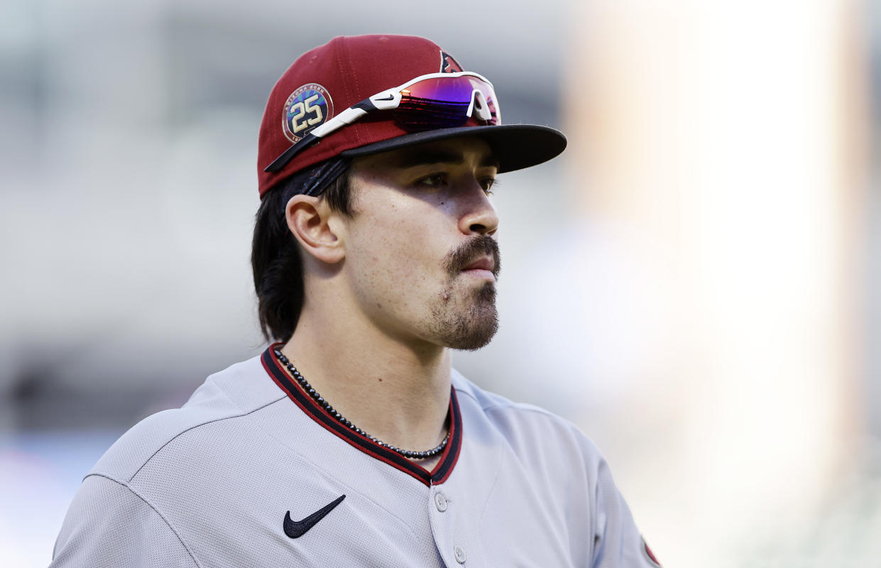 NEW YORK, NEW YORK - SEPTEMBER 14:  Corbin Carroll #7 of the Arizona Diamondbacks in action against the New York Mets at Citi Field on September 14, 2023 in New York City. The Mets defeated the Diamondbacks 11-1. (Photo by Jim McIsaac/Getty Images)