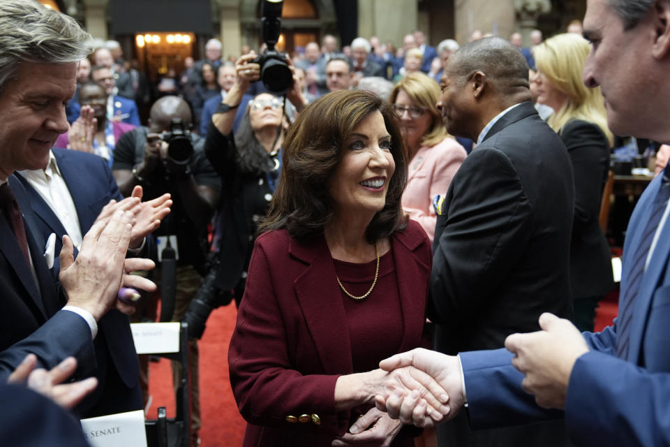 New York Governor Kathy Hochul greets people as she arrives to deliver her State of the State address in Albany, N.Y., Tuesday, Jan. 9, 2024. The Democrat outlined her agenda for the ongoing legislative session, focusing on crime, housing and education policies. (AP Photo/Seth Wenig)