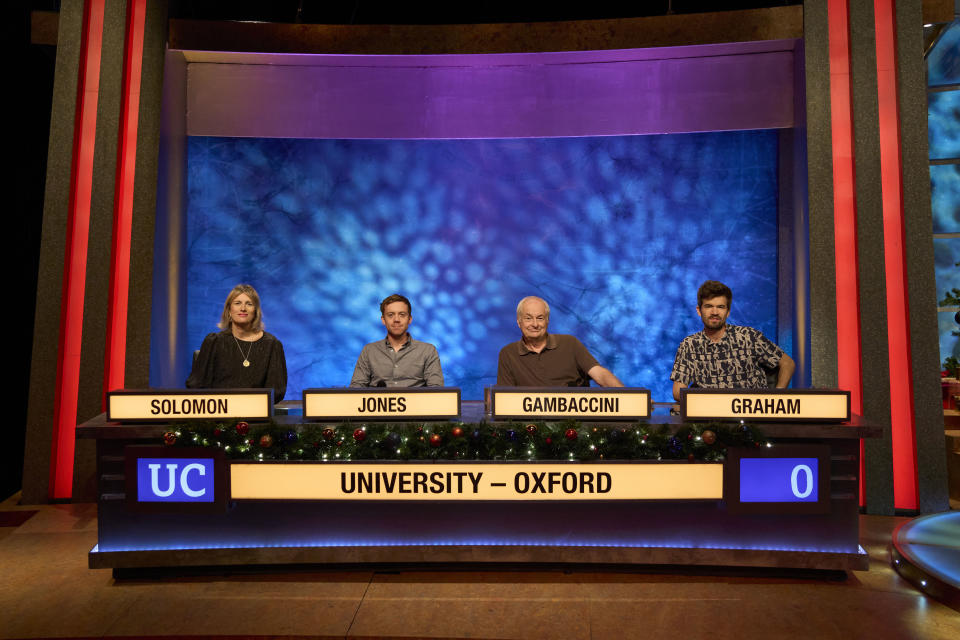 Sophie Solomon, Owen Jones, Paul Gambaccini, Ivo Graham representing Oxford on Christmas University Challenge season 12 (BBC)