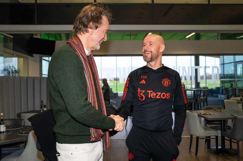 Manchester United manager Erik ten Hag greets Sir Jim Ratcliffe at Carrington