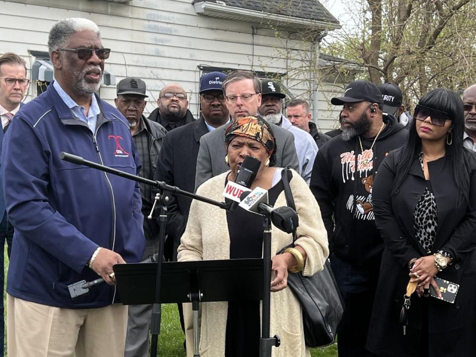 Gladys Muhammad speaks at a press conference April 21 in reaction to the April 20 shooting death of 11-year-old South Bend resident T'yon Horston.