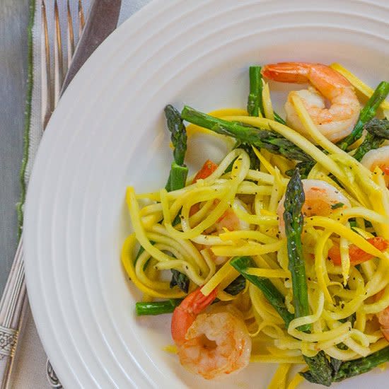Yellow Squash "Linguine" with Shrimp and Asparagus