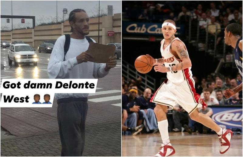 37歲前NBA球星魏斯特被目擊在街頭行乞。（翻攝自推特@CallTcooks、delonte west粉絲專頁）