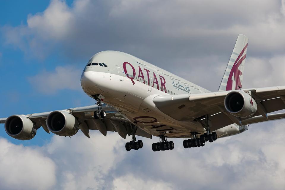 Qatar Airways Airbus A380 aircraft as seen on final approach