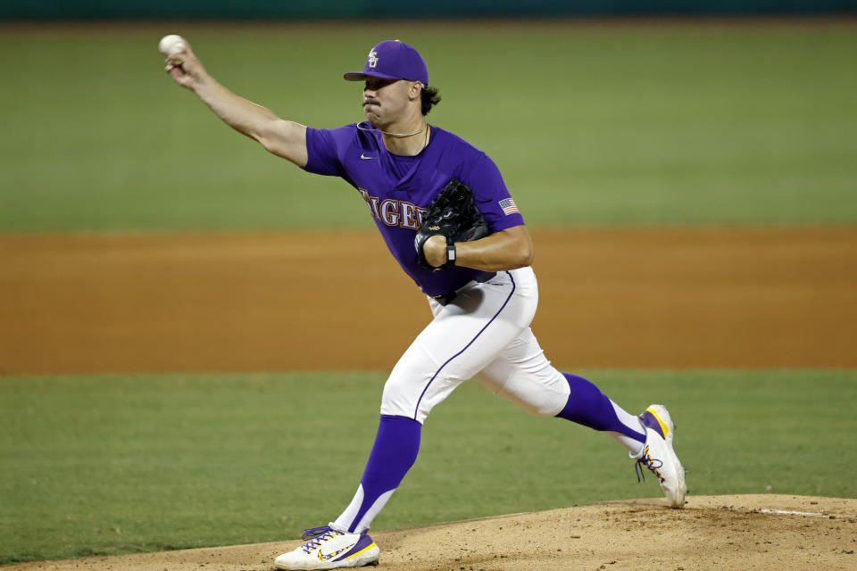 LSU pitcher Paul Skenes (20) throws to a Kentucky batter during the first inning of an NCAA college baseball super regional game in Baton Rouge, La., Saturday, June 10, 2023. (AP Photo/Tyler Kaufman)