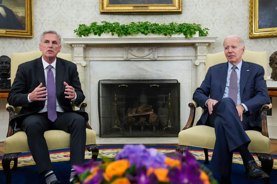 House Speaker Kevin McCarthy of Calif., speaks as he meets with President Joe Biden to discuss the debt limit in the Oval Office of the White House, Monday, May 22, 2023, in Washington. (AP Photo/Alex Brandon) ORG XMIT: DCAB417