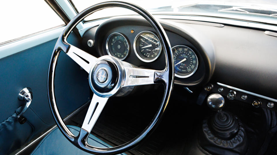 The interior of a 1962 Alfa Romeo Giulietta SZ Coda Tronca.