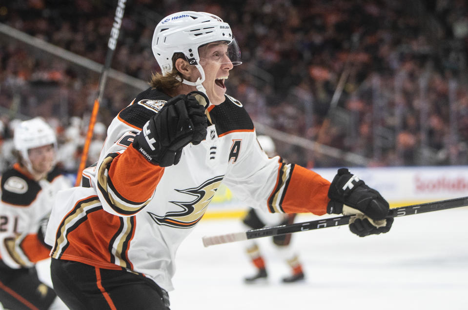 Anaheim Ducks' Josh Manson (42) celebrates his toal against the Edmonton Oilers during the first period of an NHL hockey game Tuesday, Oct. 19, 2021, in Edmonton, Alberta. (Jason Franson/The Canadian Press via AP)