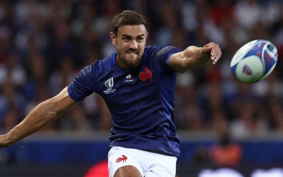 France's Melvyn Jaminet kicks a conversion at the 2023 World Cup against Uruguay