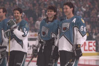 <p>WORST: Even Jaromir Jagr and Mario Lemieux can't save the 1996 NHL-All-Star Game jerseys. The game was played at the FleetCenter in Boston. (Getty Images) </p>