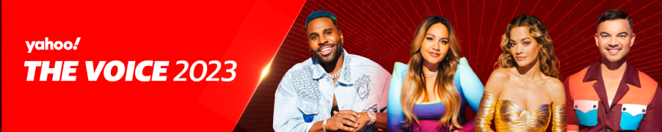 Reads 'The Voice 2023' on a red background with headshots of the four judges - Jason Derulo, Jessica Mauboy, Rita Ora and Guy Sebastian