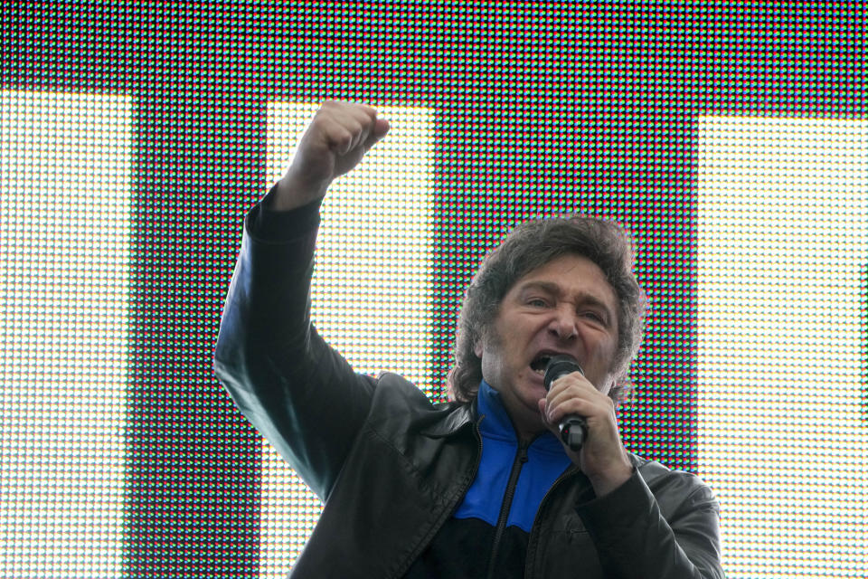 Javier Milei, candidato presidencial de La Libertad Avanza, se dirige a sus partidarios durante un mitin de campaña en Ezeiza, provincia de Buenos Aires, Argentina, el miércoles 15 de noviembre de 2023. (AP Foto/Natacha Pisarenko)