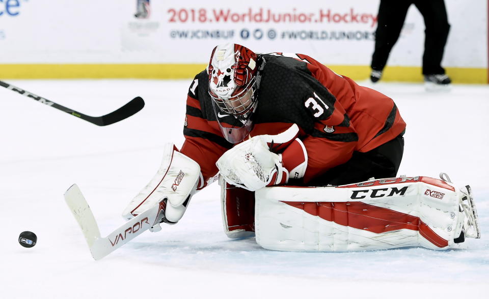 Winning games and superstition battles — all in a day’s work for Team Canada goaltender Carter Hart. (Nathan Denette/The Canadian Press via AP)