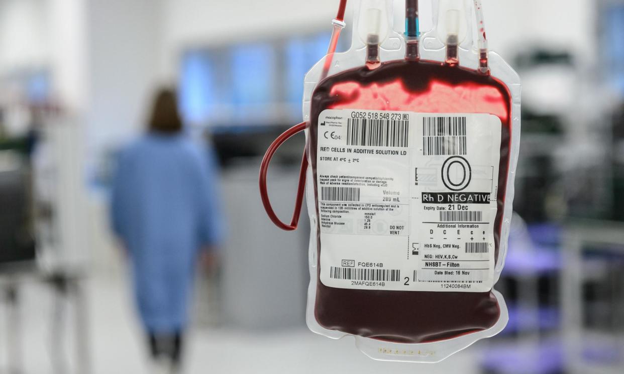 <span>An NHS blood bag.</span><span>Photograph: NHS Blood and Transplant/PA</span>
