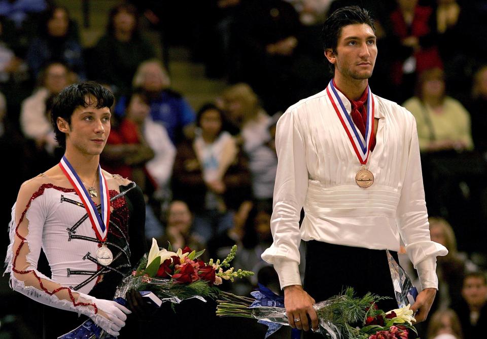 Johnny Weir and Evan Lysacek on the medals podium after the men's event during the US Figure Skating Championships in 2008.