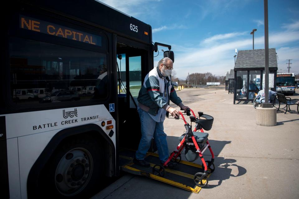 Danny Parks of Battle Creek exits a Battle Creek Transit bus on Tuesday, April 5, 2022.