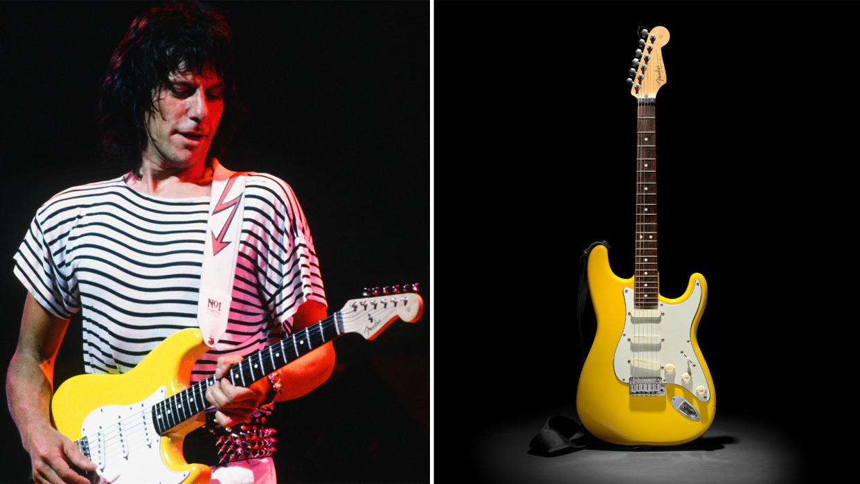  Jeff Beck performs onstage (left), a Graffiti Yellow Strat once owned by Jeff Beck 