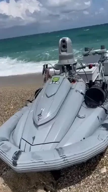 The front view of the adapted jet ski, complete with an apparent <em>Transformers</em> logo on the front. <em>via X</em>