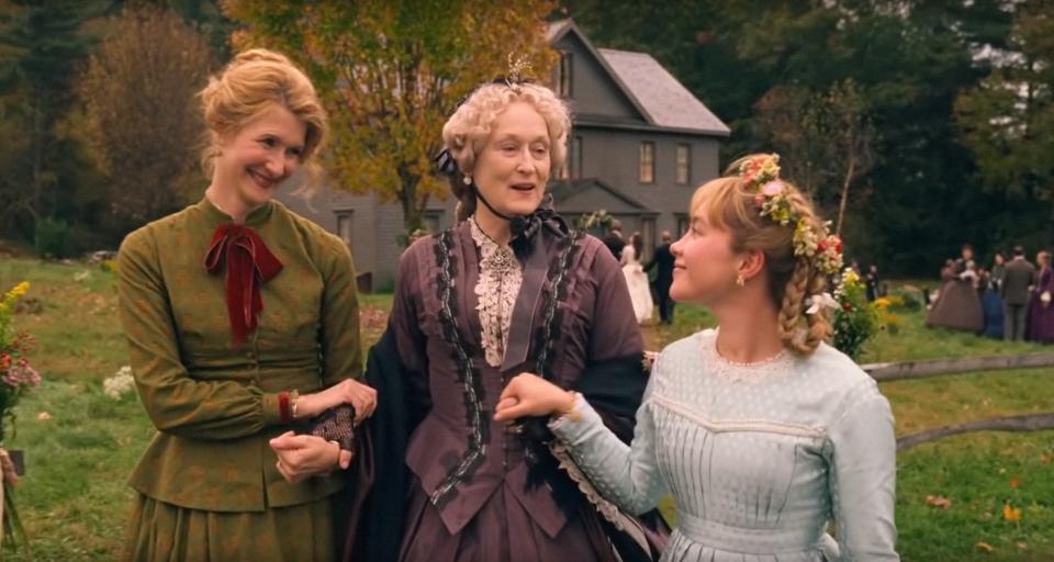 Laura Dern as Marmee, Meryl Streep as Aunt March, and Florence Pugh as Amy in Little Women.