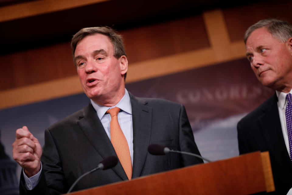 Sen. Mark Warner, D-Va., with Sen. Richard Burr, R-N.C. at the Capitol on Oct. 4, gives an update on the investigation into Russian involvement in the 2016 election. (Photo: Aaron P. Bernstein/Reuters)