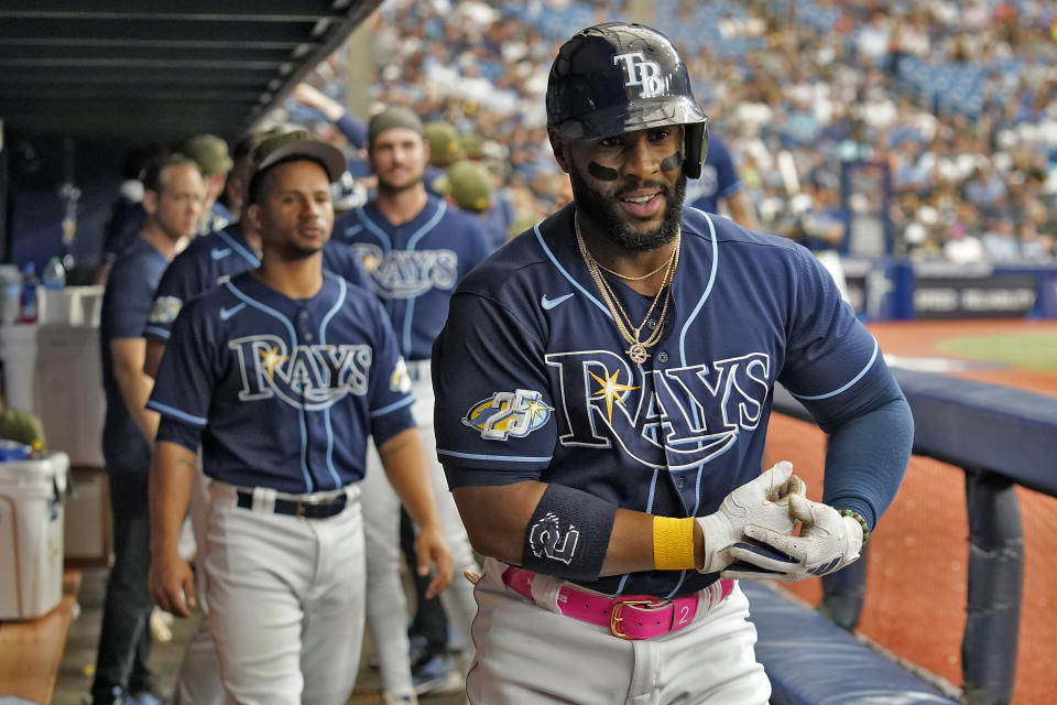 Tampa Bay Rays' Yandy Diaz celebrates his three-run home run off Milwaukee Brewers starting pitcher Eric Lauer during the second inning of a baseball game Saturday, May 20, 2023, in St. Petersburg, Fla. (AP Photo/Chris O'Meara)