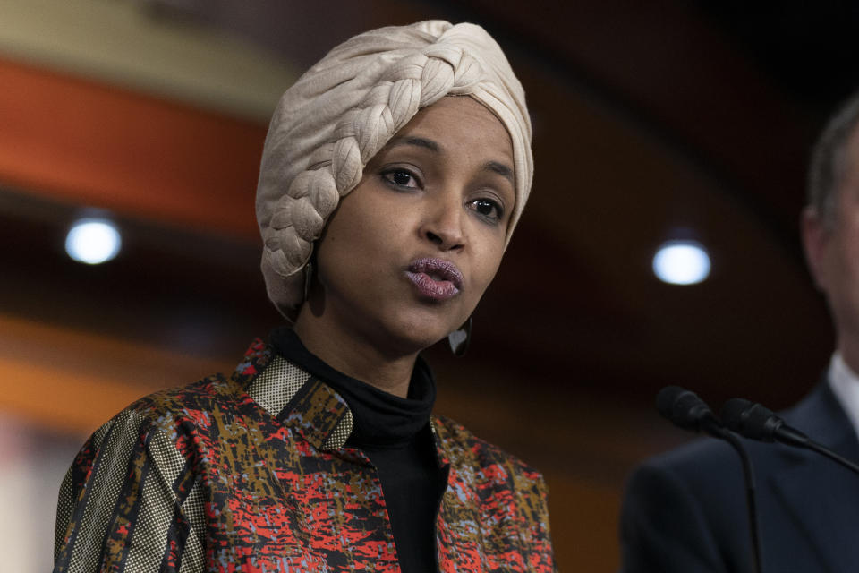 FILE - Rep. Ilhan Omar, D-Minn., speaks during a news conference on Capitol Hill in Washington, Jan. 25, 2023, in Washington. (AP Photo/Manuel Balce Ceneta, File)