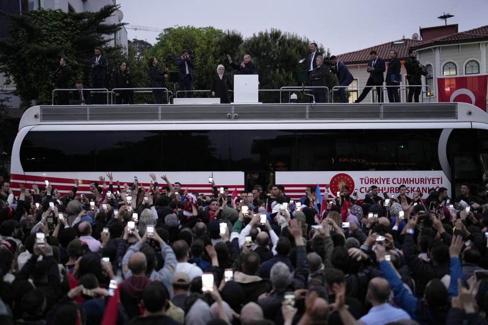 President Recep Tayyip Erdogan delivers a speech to supporters outside his residence in Istanbul, Turkey, Sunday, May 28, 2023. Turkey's incumbent President Recep Tayyip Erdogan has declared victory in his country's runoff election, extending his rule into a third decade. (AP Photo/Francisco Seco)