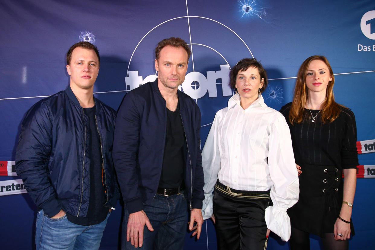 BERLIN, GERMANY - JANUARY 24: (L-R) Tim Kalkhof, Mark Waschke, Meret Becker and Carolyn Genzkow, main cast of the Berliner Tatort 'Meta', attend the 'Tatort: Meta' premiere photo call at Delphi Filmpalast on January 24, 2018 in Berlin, Germany. (Photo by Christian Marquardt/Getty Images)