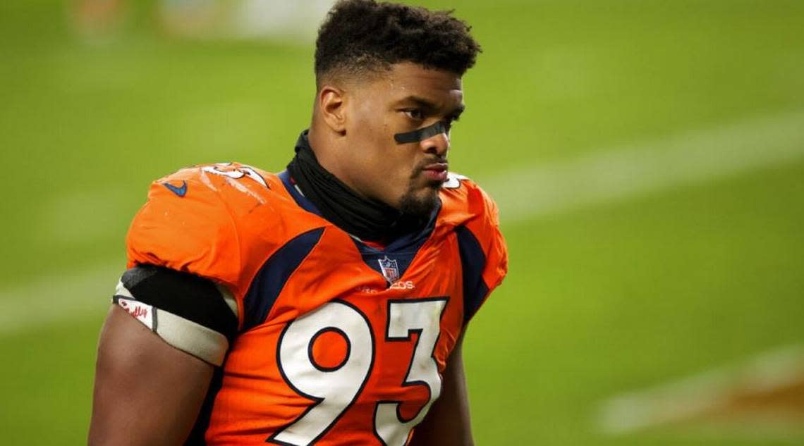 Denver Broncos defensive end Dre’Mont Jones (93) walks off the field after defeating the Miami Dolphins 20-13 in an an NFL football game, Sunday, Nov.. 22, 2020, in Denver. The Seahawks agreed to a free-agent contract with the 26-year-old Jones on March 13, 2023.