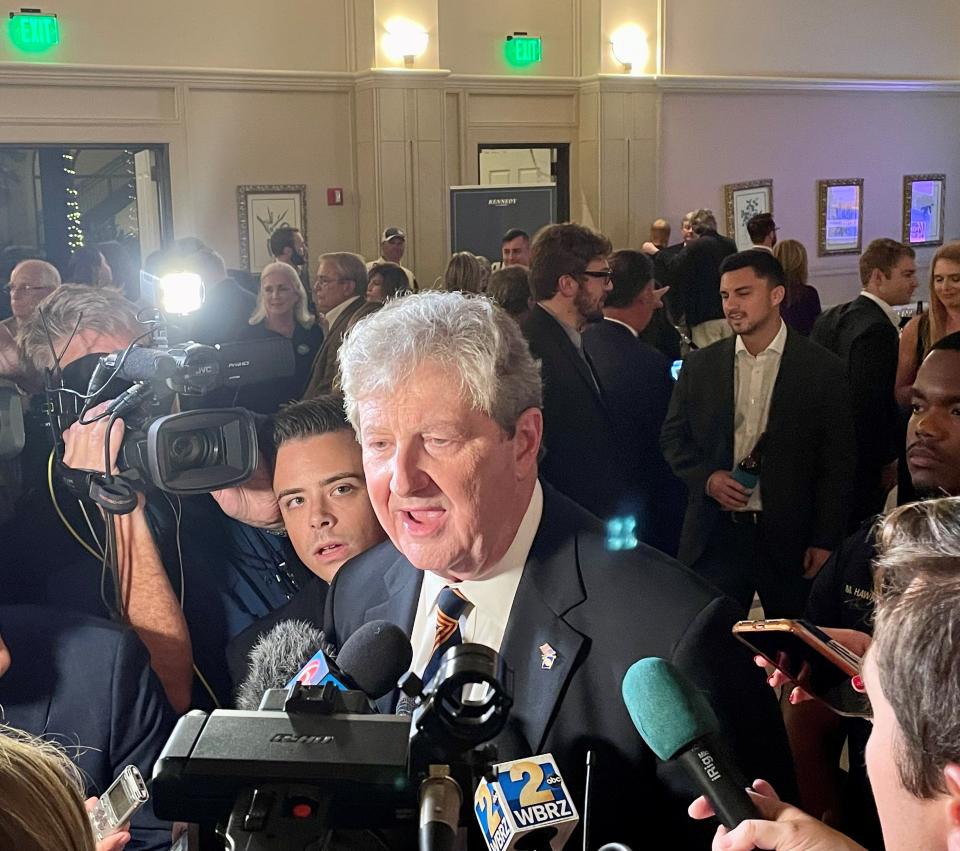 Louisiana Republican U.S. Sen. John Kennedy speaks to reporters in at the Lod Cook Hotel in Baton Rouge after his landslide reelection win on Nov. 8, 2022.