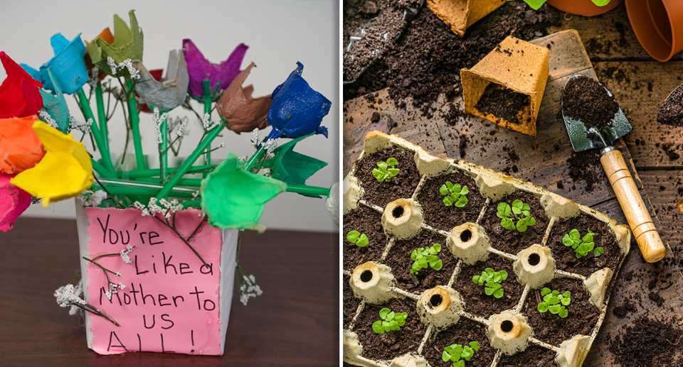 Left - egg cartons used as crafts. Right - egg cartons used to plant seedlings.