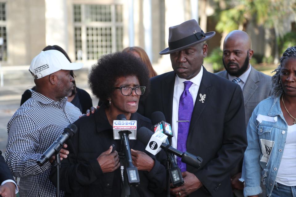 Attorney Ben Crump comforts Mary Cure as she talks about this past Thanksgiving, which would've been her son Leonard's birthday, during a press conference on Tuesday, December 5, 2023 in Woodbine, Georgia. Leonard Cure was killed by a Camden County deputy during a traffic stop in October.