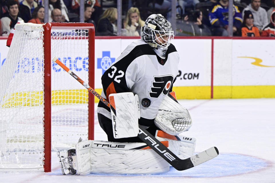 Philadelphia Flyers goaltender Felix Sandstrom makes a save during the third period of an NHL hockey game against the St. Louis Blues, Tuesday, Nov. 8, 2022, in Philadelphia. (AP Photo/Derik Hamilton)