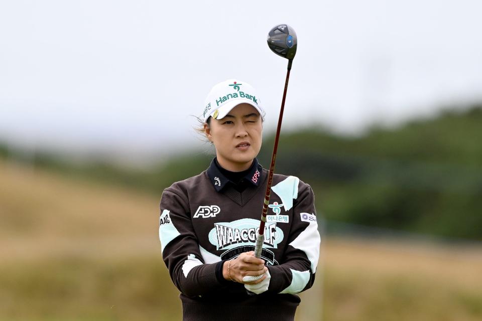 TROON, SCOTLAND - AUGUST 16: Minjee Lee of Australia plays her second shot on the 18th hole during the second round of the ISPS HANDA Women's Scottish Open at Dundonald Links Golf Course on August 16, 2024 in Troon, Scotland. (Photo by Paul Devlin/Getty Images)