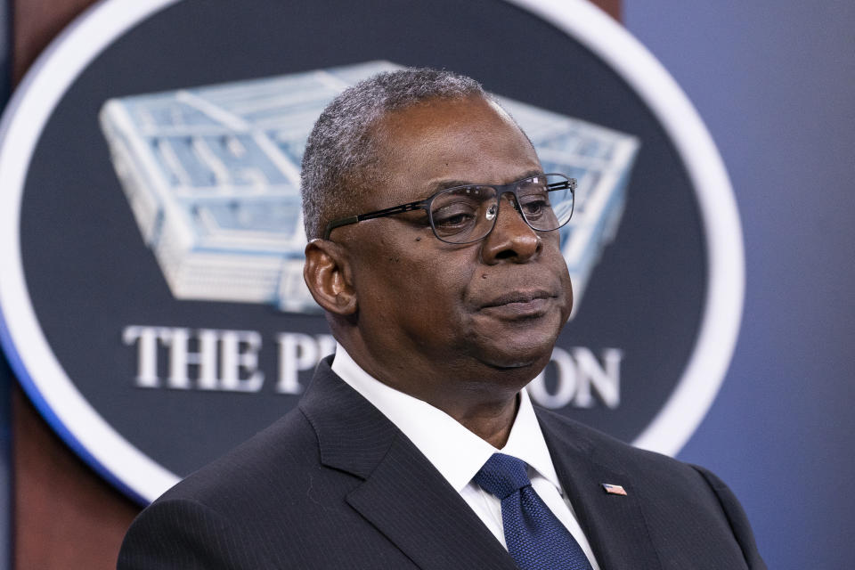 In this Aug. 18, 2021, photo, Secretary of Defense Lloyd Austin pauses while speaking during a media briefing at the Pentagon in Washington. For senior military and Pentagon leaders, this week’s news was profoundly personal. The photos and videos pouring out of Afghanistan hit a nerve, and triggered searingly vivid flashbacks to battles fought, troops lost and tears shed during their own deployments there. (AP Photo/Alex Brandon)