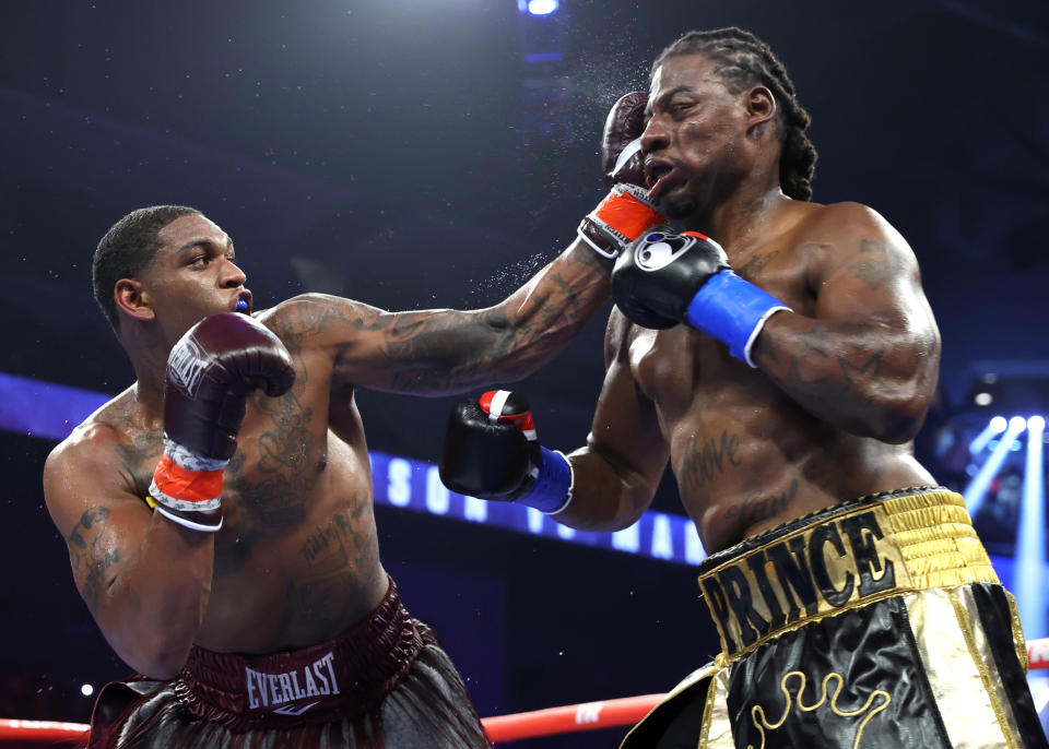 TOLEDO, OHIO – JULY 01: Jared Anderson (L) and Charles Martin (R) exchange punches during their heavyweight bout at the Huntington Center on July 01, 2023 in Toledo, Ohio.  (Photo by Mikey Williams/Top Rank Inc via Getty Images)