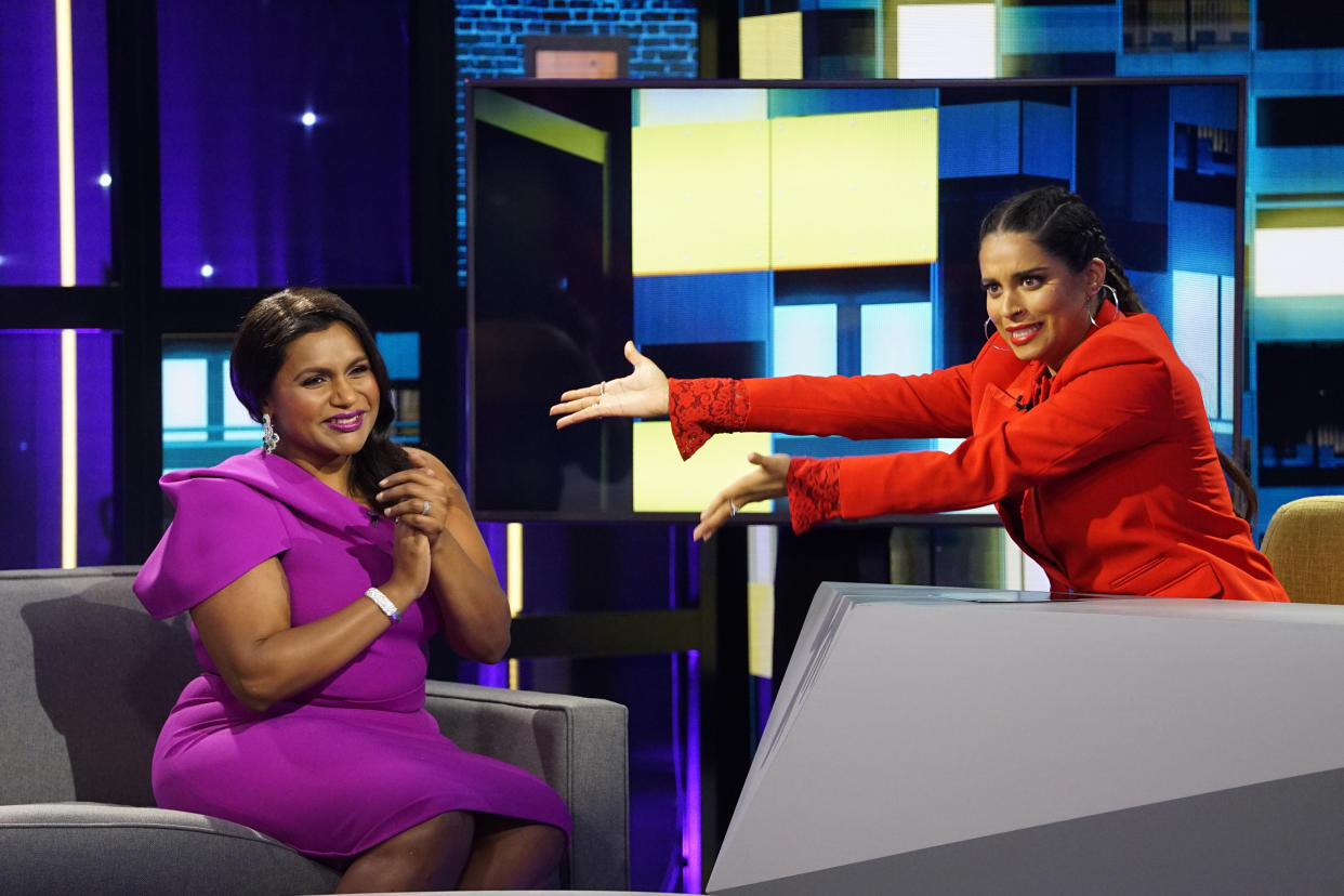 A LITLLE LATE WITH LILLY SINGH -- "Mindy Kaling" Episode 105 -- Pictured: (l-r) Mindy Kaling, Lilly Singh -- (Photo by: Scott Angelheart/NBC/NBCU Photo Bank via Getty Images)