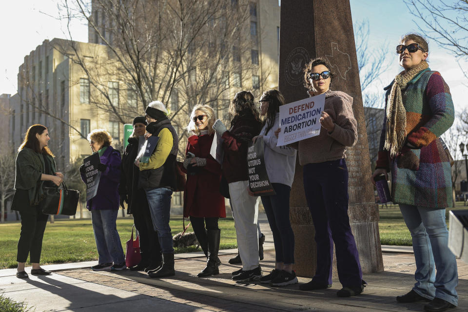Protestors in support of access to abortion medication outside the courthouse on Wednesday.